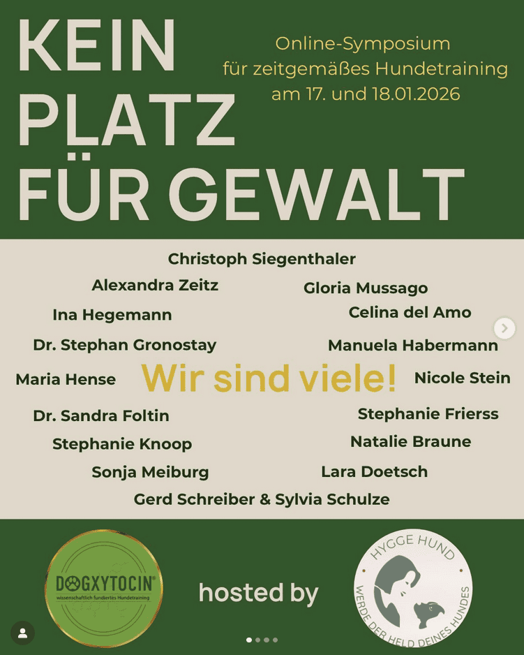 Plakat zum Online-Symposium „Kein Platz für Gewalt“ für zeitgemäßes Hundetraining mit Termin 17. und 18.01.2026 und Übersicht der Speaker*innen.