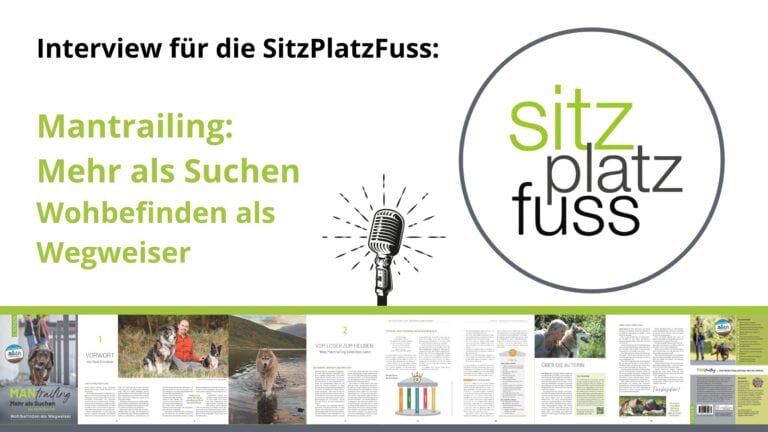 Grafik zum Interview in der SitzPlatzFuss über das Buch „Mantrailing: Mehr als Suchen – Wohlbefinden als Wegweiser“ von Astrid Sperlich mit Mikrofon-Illustration, SitzPlatzFuss-Logo und Seitenvorschau des Buches.