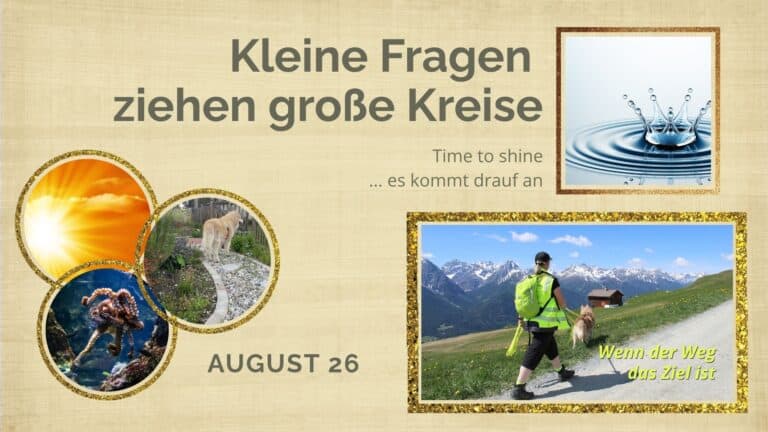 Titelbild August 2026: Wassertropfen zieht große Kreise, dazu Sonne, Hund im Sinnesgarten, Krake und der Blogartikel ‚Wenn der Weg das Ziel ist‘