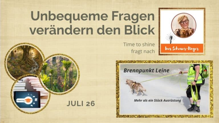 Titelbild der Juli-Reflexion 2026 mit dem Titel „Unbequeme Fragen verändern den Blick“. Collage mit Podcast, Membership und Buch von Astrid Sperlich.