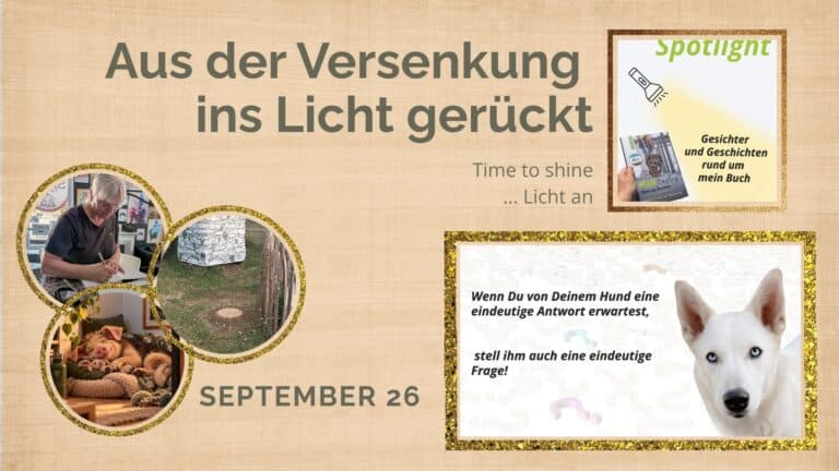 Titelbild Monatsrückblick September 2026 mit Astrid beim Signieren ihres Buches, Vorbereitung eines Lichtmasts auf der Hundewiese, schlafendem inneren Schweinehund, Buch-Spotlight und Blogtitelbild für einen ARtikel zum Thema kontaminierter Geruchsgegenstand